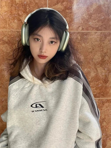 Getadme Hip Hop Streetwear Gray Oversized Hoodies Women Harajuku Vintage Patchwork Sweatshirt Loose Casual Y2K Tops Kpop Grunge